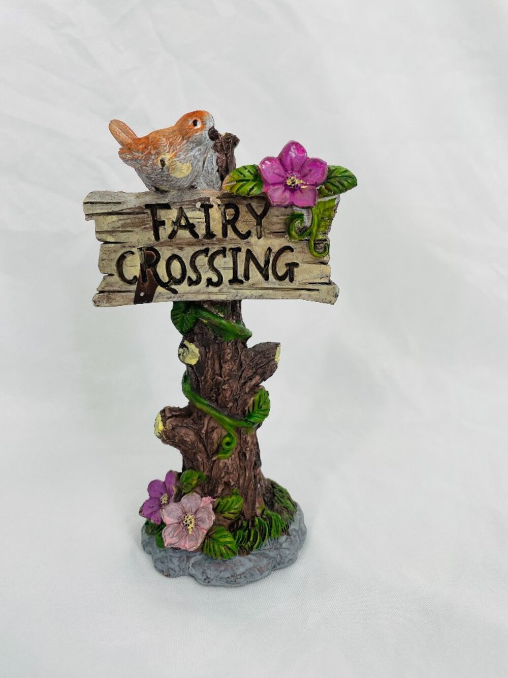 Garden FAIRY CROSSING Sign with a Sparrow/Orange and White Bird with Pink Flower